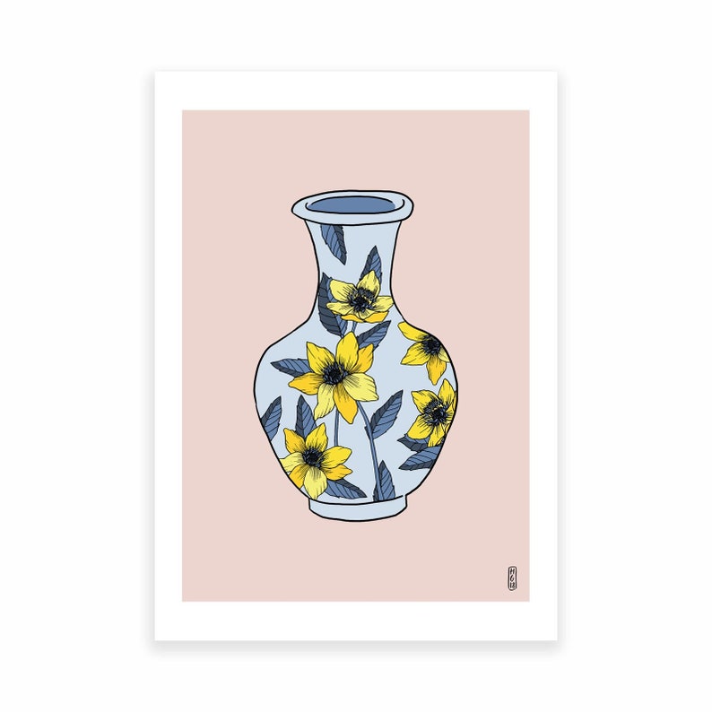 Blue & Yellow Floral Vase on Pink. Botanical Art Print . Floral Art Print . Botanical Illustration . A4 and A3 Art Print . Still Life Print image 2