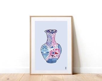 Pattern Vase on Lilac. Pattern Art Print . Botanical Illustration . A4 and A3 Art Print . Still Life Print. Pattern Print. Pastel Blue.