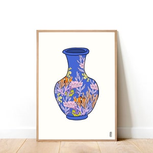 Coral Vase on Blue. 100% Profits Donated to Blue Ventures. SeaLife Art Print . Floral Art Print . Botanical Illustration. Still Life Print. Blue