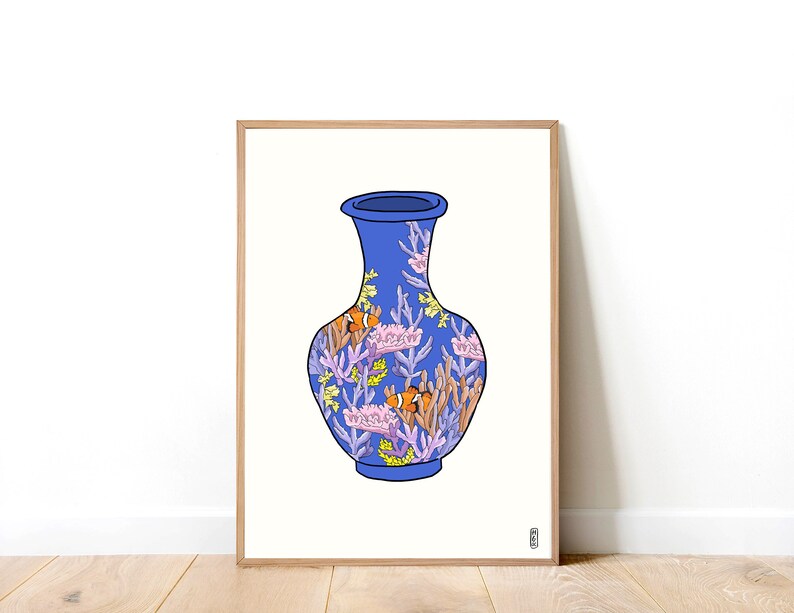 Coral Vase on Blue. 100% Profits Donated to Blue Ventures. SeaLife Art Print . Floral Art Print . Botanical Illustration. Still Life Print. Blue