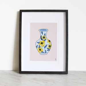 Blue & Yellow Floral Vase on Pink. Botanical Art Print . Floral Art Print . Botanical Illustration . A4 and A3 Art Print . Still Life Print image 3