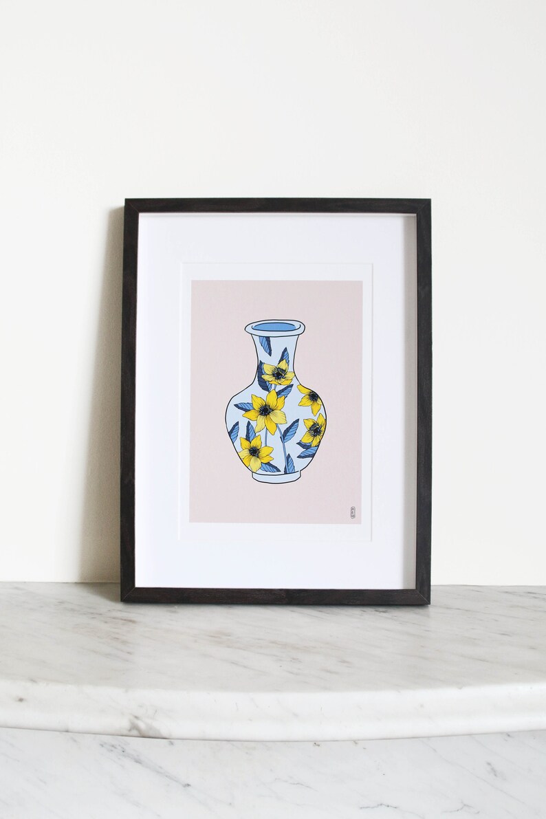 Blue & Yellow Floral Vase on Pink. Botanical Art Print . Floral Art Print . Botanical Illustration . A4 and A3 Art Print . Still Life Print image 3