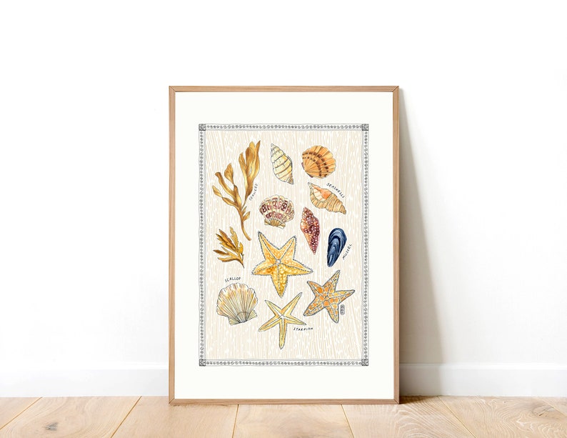 Under The Sea Art Print. Sea Life Art Print. Seashells. Starfish. Mussels. Scallops. Seashells Art Print. image 1