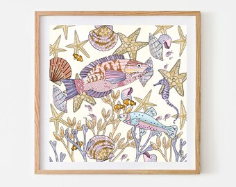 Under The Sea Print. Pastel Fish Print. Sea Shell Print. Seaweed Print. Clownfish Print. Fish Print. Seahorse Print. Home Decor. Nursery Art