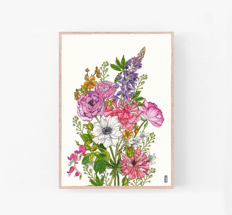 Ilustración de flores de Somerset. Racimo de flores. Flores cultivadas británicas. Ilustración botánica. Impresión de arte de flores. anémona Cultivados localmente imagen 4