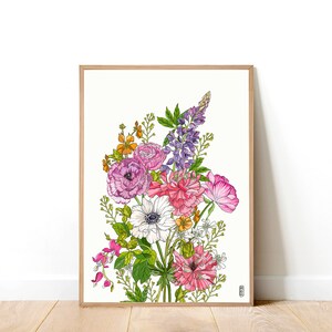 Ilustración de flores de Somerset. Racimo de flores. Flores cultivadas británicas. Ilustración botánica. Impresión de arte de flores. anémona Cultivados localmente imagen 1