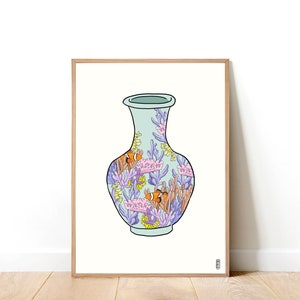 Coral Vase on Blue. 100% Profits Donated to Blue Ventures. SeaLife Art Print . Floral Art Print . Botanical Illustration. Still Life Print. Aqua