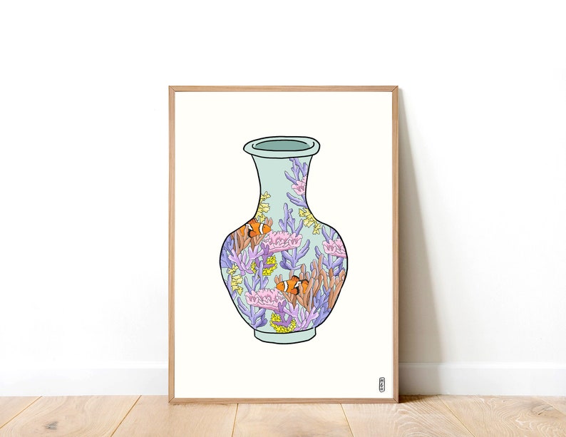 Coral Vase on Blue. 100% Profits Donated to Blue Ventures. SeaLife Art Print . Floral Art Print . Botanical Illustration. Still Life Print. Aqua