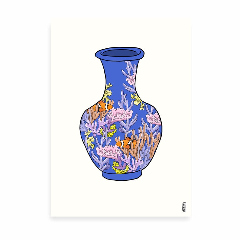 Coral Vase on Blue. 100% Profits Donated to Blue Ventures. SeaLife Art Print . Floral Art Print . Botanical Illustration. Still Life Print. image 2