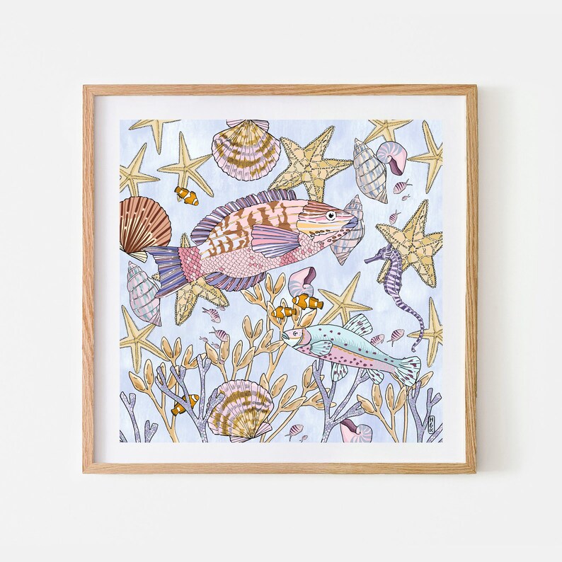 Under The Sea Print. Pastel Fish Print. Sea Shell Print. Seaweed Print. Clownfish Print. Fish Print. Seahorse Print. Home Decor. Nursery Art image 2