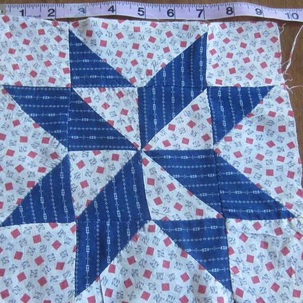 One Pretty Antique Indigo and Shirting Churn Dash Quilt Block 9.25"