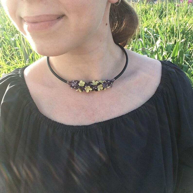 Delicate crystal choker Lavender collar choker Bib flower necklace Raw amethyst necklace 16