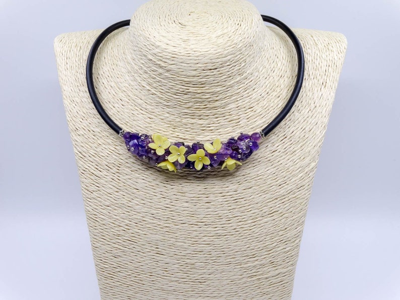 Delicate crystal choker Lavender collar choker Bib flower necklace Raw amethyst necklace 16