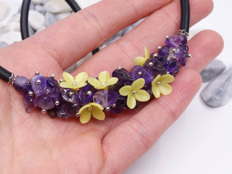 Delicate crystal choker Lavender collar choker Bib flower necklace Raw amethyst necklace 16