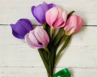 Crepe paper tulip bouquet, Artificial tulips for table decoration, Pink and purple flower gift for her