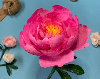 Pink crepe paper peony, Paper anniversary gift for her, Hot pink artificial flower, Fake pink peony, First-anniversary gift for wife,