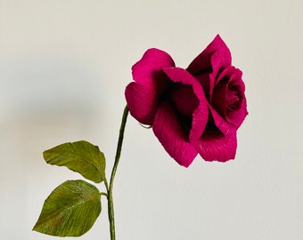 Crepe paper pink rose, fuschia flower, artificial rose stem