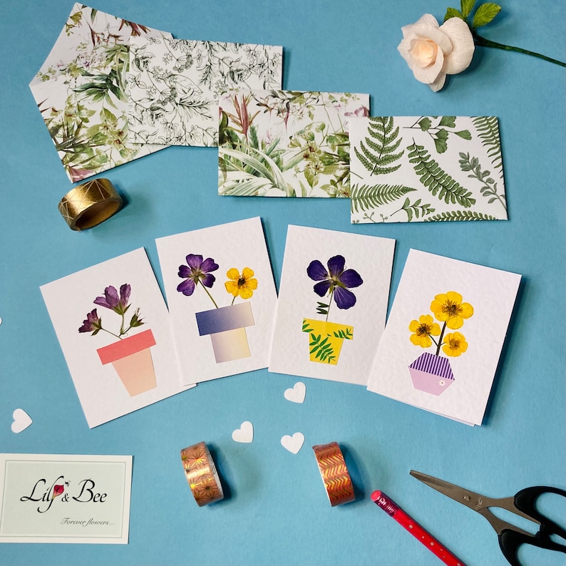 Pressed Flower Note Cards: Handmade Botanical Plant Pot Design - Etsy