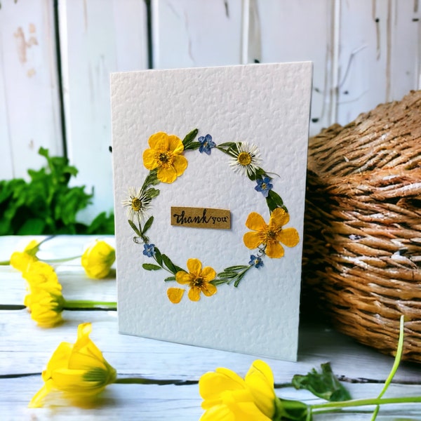 Real pressed flower wreath card, Thank you card for mum, Bridesmaid thank you, Unique handmade botanical card for women