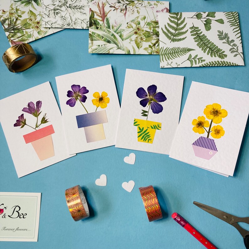 Pressed Flower Note Cards and Handmade Botanical Print Envelopes, Mini