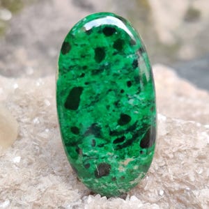 May include: A green and black oval cabochon gemstone with a mottled pattern. The stone has a smooth, polished surface.