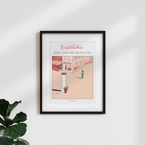 Poster of &#39;Walter Trier&#39;s book cover of Emil and the Detectives&#39; in vintage pink / Children&#39;s room poster / Retro style print