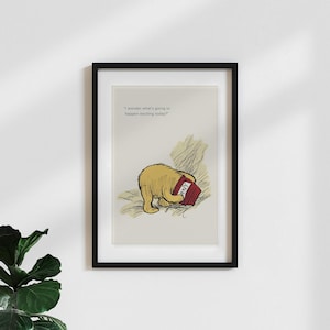 Plakat w stylu vintage „Kubuś Puchatek - ciekawe, co się wydarzy - beżowy” / rysunek z klasycznej książeczki dla dzieci z inspirującym cytatem