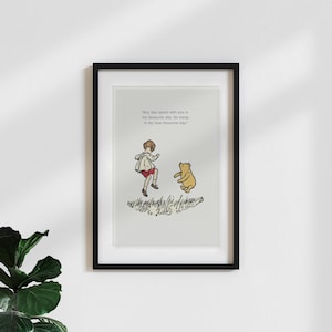 Affiche Winnie l'ourson – Illustration vintage avec citation | A.A. Peinture murale de Milne | Nouveau jour préféré - Dicton blanc | Cadeau pour les enfants et les fans
