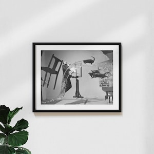 Vintage poster / art print &#39;salvador dalí with flying cats&#39; - surrealist photography with dalí and a flying cat