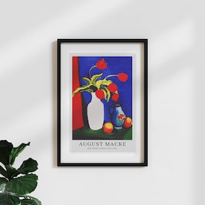 Póster clásico/vintage art print «August Macke: tulipanes rojos en un jarrón blanco - póster de exposición»