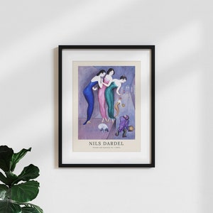 May include: A framed print of a painting by Nils Dardel titled "Dreams and Fantasies No. 1 (1913)". The painting depicts three women in colorful dresses standing in a room with a small figure in the foreground.