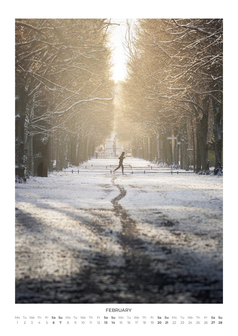 Peut inclure: Une page de calendrier mural pour f&eacute;vrier pr&eacute;sentant une photographie d'une personne courant sur un chemin enneig&eacute; bord&eacute; de grands arbres d&eacute;nud&eacute;s. La sc&egrave;ne est &eacute;clair&eacute;e par une lumi&egrave;re dor&eacute;e vive filtrant &agrave; travers les branches. Grille en bas.
