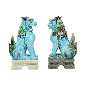 Koppel Chinese Guardian Lions Foo Dogs Blauw Keramiek