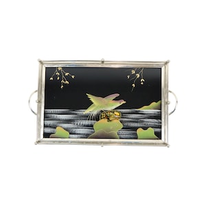 Vintage Dienblad Vogels Zwart Glas Chroom Jaren 50-60 Plateau 40x26cm