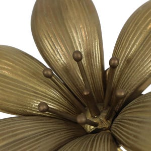 Op de afbeelding: Een messingkleurige metalen bloemensculptuur met zes langwerpige, getextureerde bloemblaadjes die vanuit een centraal punt uitstralen. Het hart van de bloem bevat verschillende dunne, rechtopstaande metalen meeldraden met elk een kleine, ronde top.