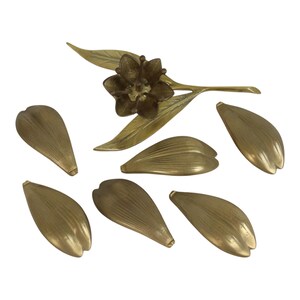 Op de afbeelding: Een messing bloemensculptuur met een centrale bloem, een steel en twee bladeren, vergezeld van zes afzonderlijke messing bloemblaadjes. Elk onderdeel heeft een metallic gouden afwerking met zichtbare lineaire textuurdetails op het oppervlak.