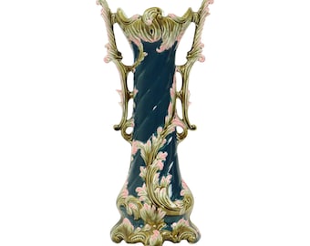 Antieke Blauwe Art Nouveau Vaas Rococo Stijl 38cm