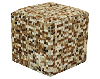 Vintage Vierkante Poef Geitenleer Patchwork Mozaïek Patroon