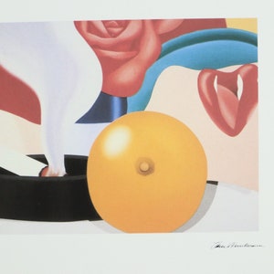 May include: A still life painting featuring a yellow sphere, a black ashtray with a cigarette, and a red rose with blue and pink accents. The artist's signature, "Eric Fischl", is in the bottom right corner.