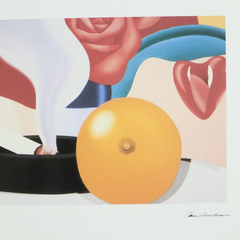 May include: A still life painting featuring a yellow sphere, a black ashtray with a cigarette, and a red rose with blue and pink accents. The artist's signature, "Eric Fischl", is in the bottom right corner.