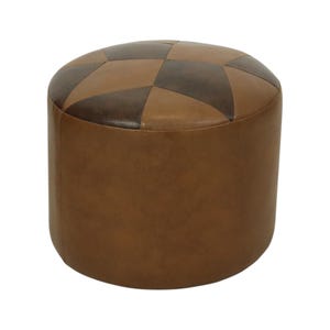 May include: A brown leather ottoman with a geometric pattern on the top. The top features a checkerboard design in shades of brown. The sides of the ottoman are a solid, medium brown color. This round, upholstered furniture piece is suitable for a living room or bedroom.