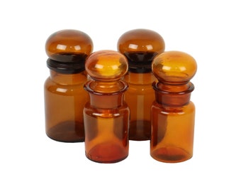 Set van 4 Oude Apotheker Medische Flessen Potten Bruin Amber Glas