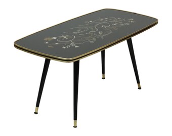 Fifties Rockabilly Salontafel Conische Poten Glazen Blad Bloemenmotief