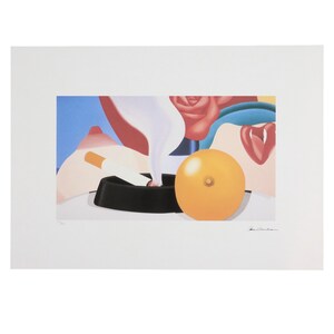 May include: A still life painting of a cigarette in an ashtray with a yellow orange and a red rose in the background.