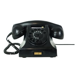 May include: A black rotary dial phone with a black cord and a black handset. The phone has a circular dial with white numbers 1 through 9 and 0.