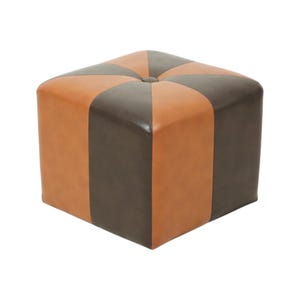 May include: A square ottoman with a two-tone design. The top features a starburst pattern in brown and tan, while the sides alternate between brown and tan panels. The ottoman has a button in the center.