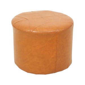 May include: A round, tan leather ottoman with a stitched top. The cylindrical body is a solid tan color. The top is divided into sections by stitched lines.