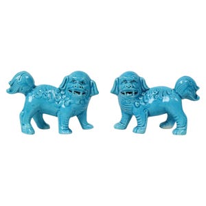 Koppel Blauwe Foo Dog Beeldjes Tempelleeuw Chinees Porselein