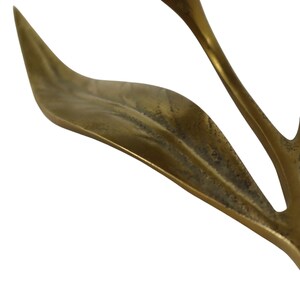 Op de afbeelding: Een metalen koperen sculptuur in de vorm van een botanisch blad met een puntig uiteinde en een textuurrijk oppervlak. Het object heeft een gladde, gebogen rand en een centrale nerf, met een warme, goudbruine afwerking en donkere patina.
