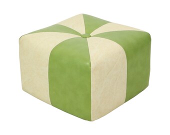 Leuke Vintage Vierkante Poef Skai Kunstleder Groen Crème 43cm